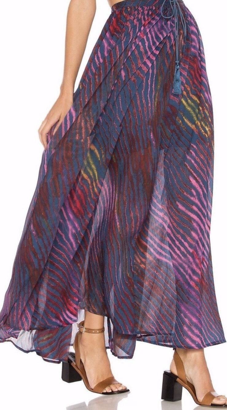 Free People True To You Maxi Skirt M Blue Pink Sheer Striped Boho Tassel